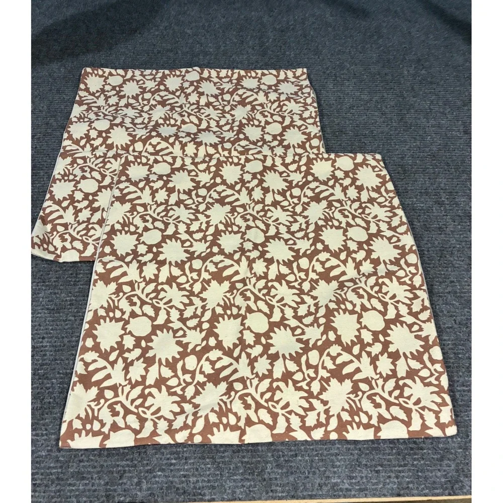 Set of 2 Floral Print Cotton Linen Throw Pillow Covers 18x18 Brown Cream Boho